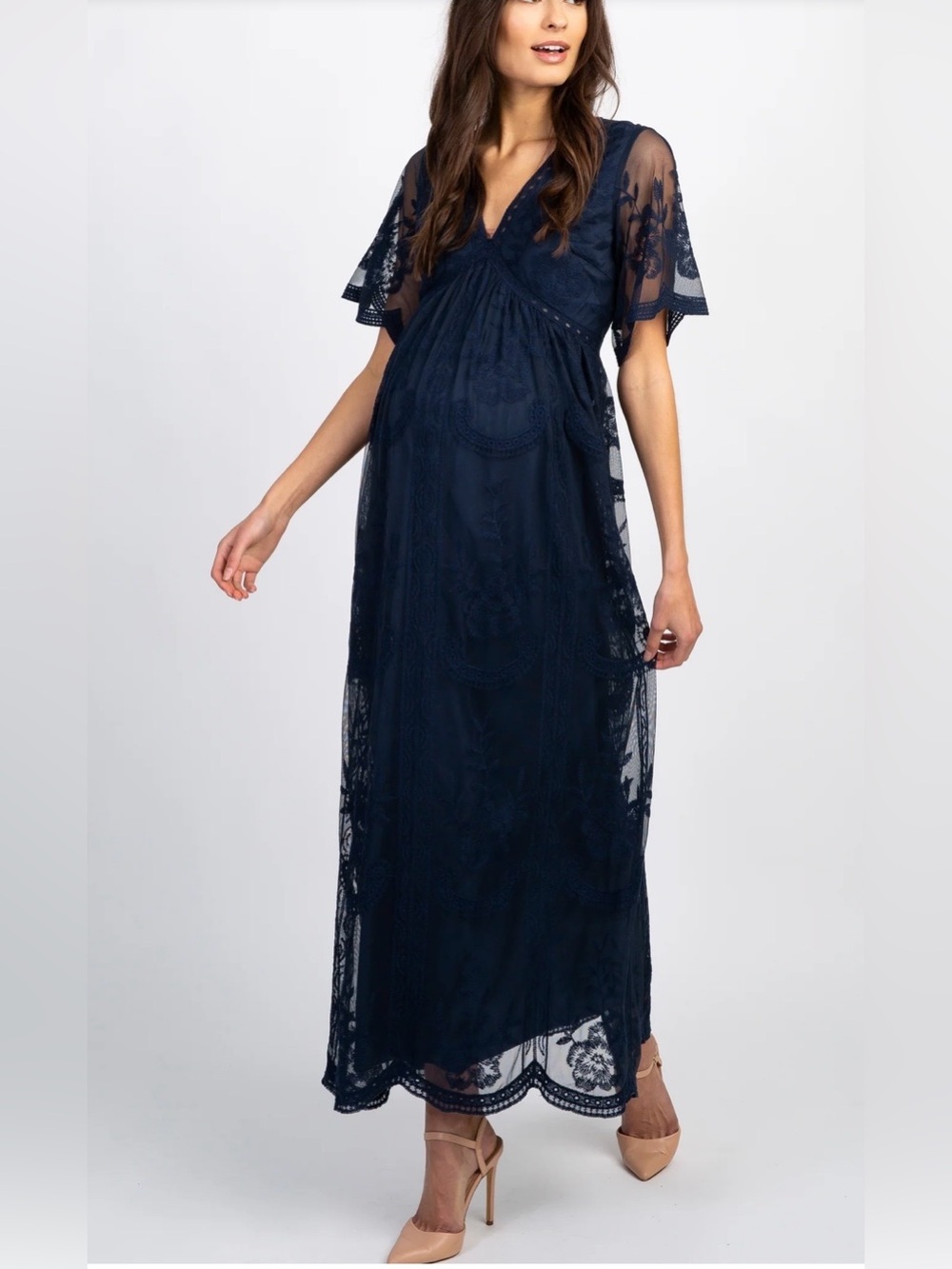 Pink Blush Navy Blue Floral Lace Flutter Sleeve Maternity Maxi Dress